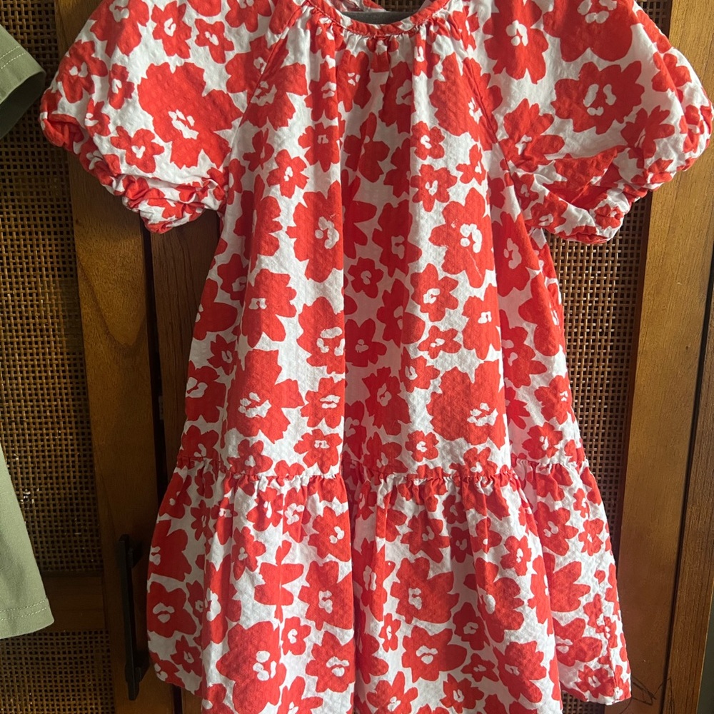 Zara White and Red Floral Puff-Sleeve Dress